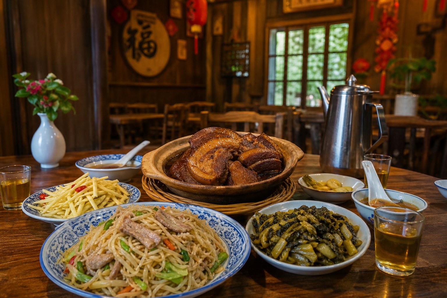 九湖莊等客家餐館的封肉、炒粄條、薑絲大腸配杭菊茶，是賞完花最滿足的客庄味（AI 生成示意圖）