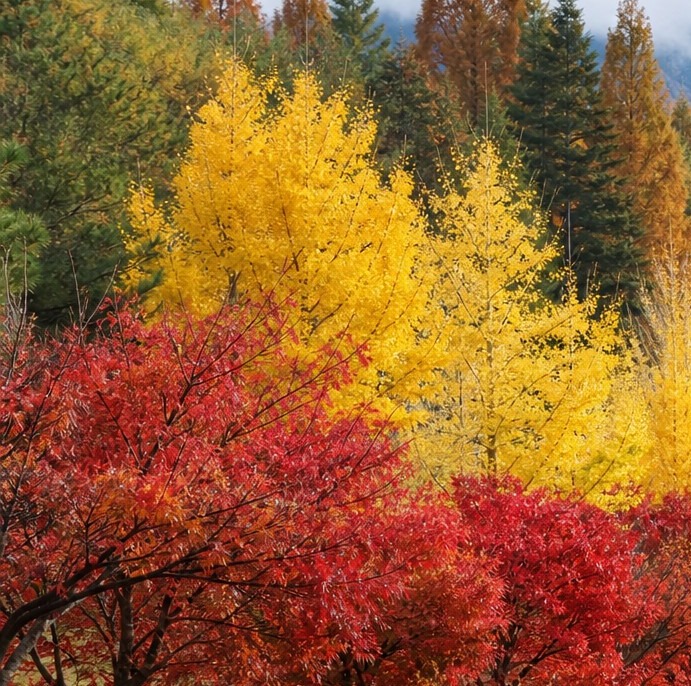【AI生成示意圖】武陵農場秋季山谷,楓紅與金黃銀杏並列的南谷景致