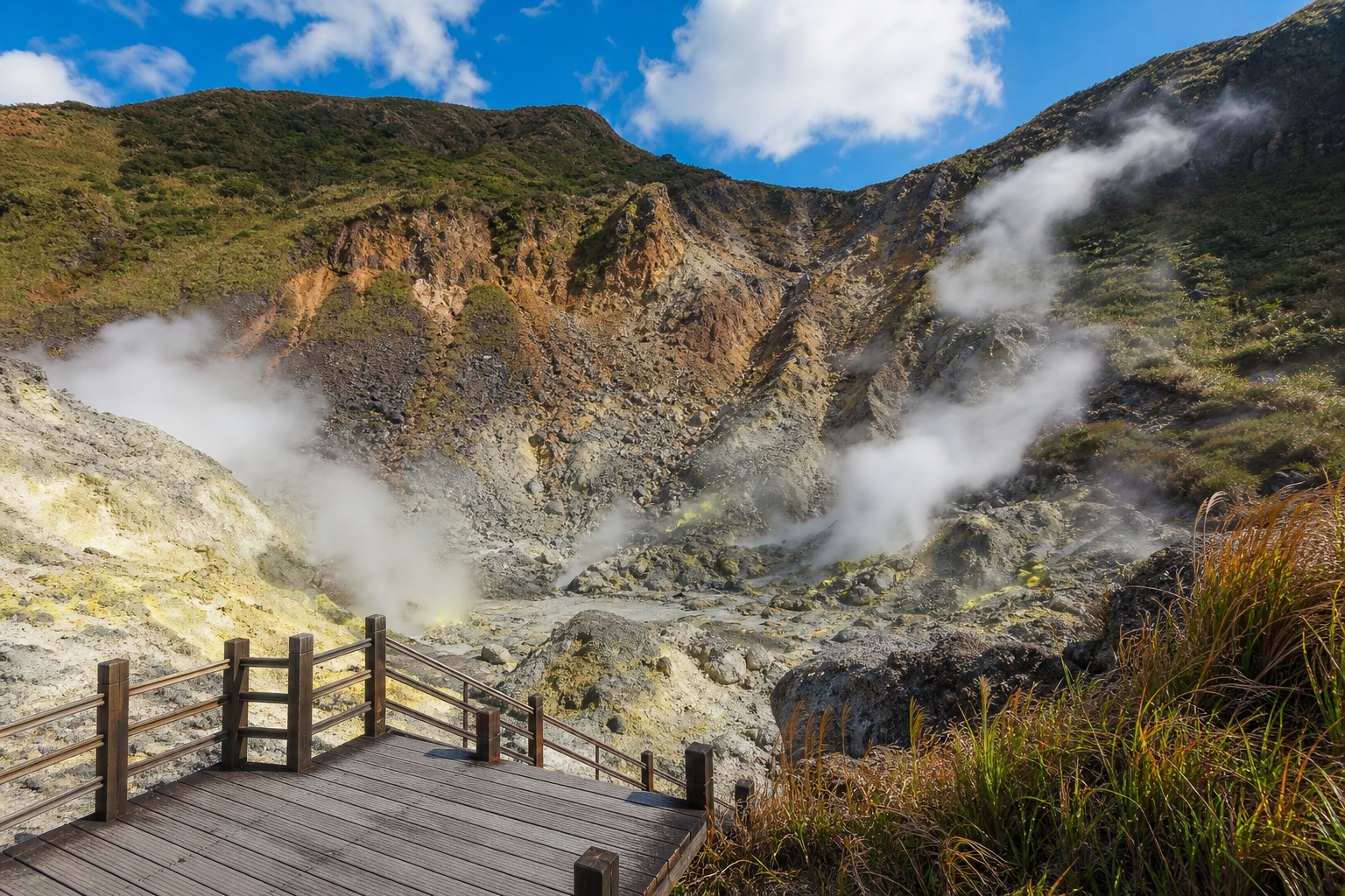小油坑:硫磺噴氣孔噴出白煙、黃色硫磺結晶與崩塌火山地形,是陽明山後火山活動最旺盛的區域(AI 生成示意圖)