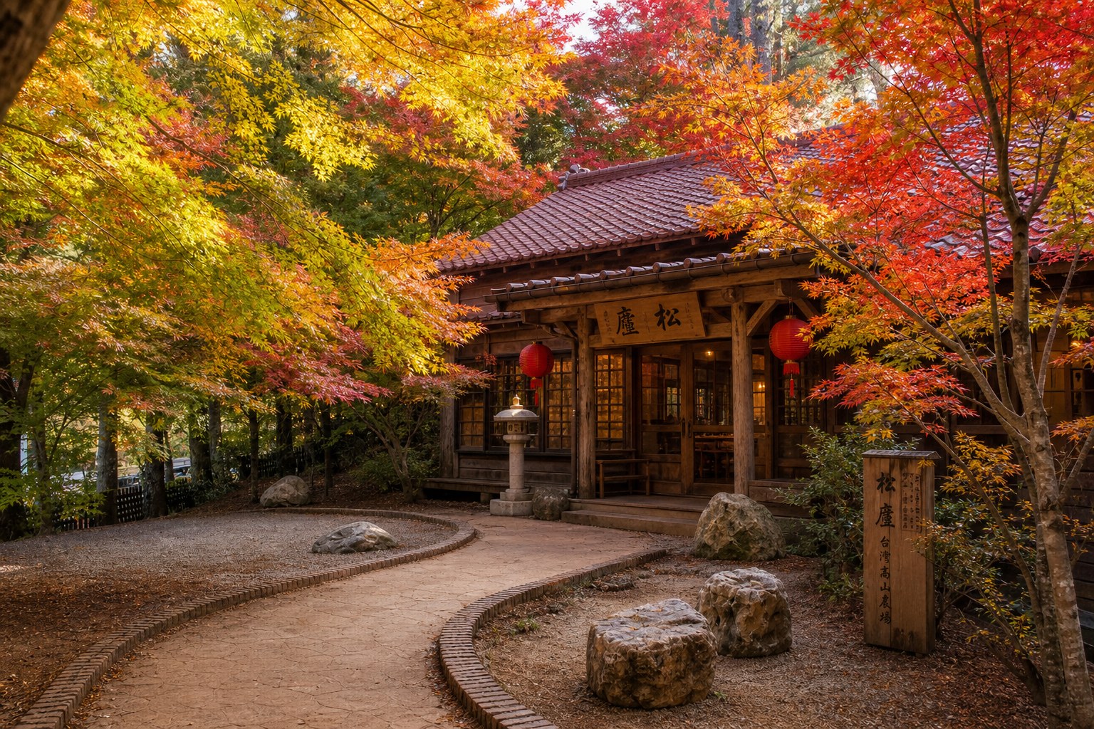 【AI生成示意圖】福壽山農場松廬，日式紅瓦木屋與庭前掌葉楓紅相映