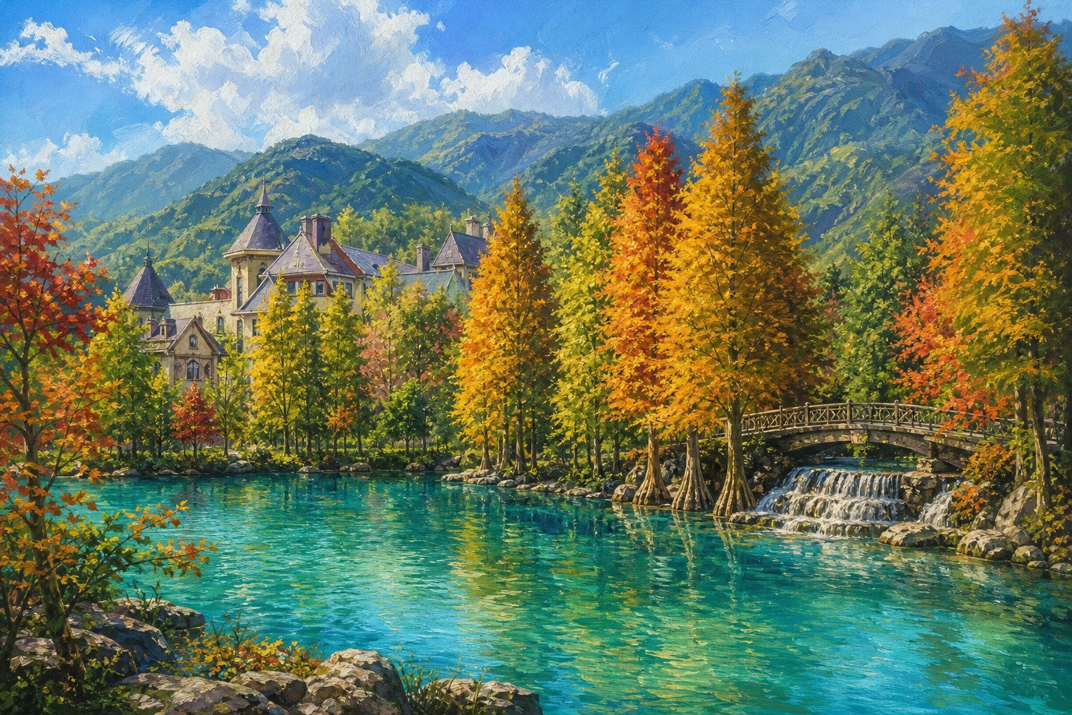 【AI生成示意圖】花蓮壽豐雲山水夢幻湖，藍綠色湖面倒映落羽松與遠山、歐風建築藏身林間