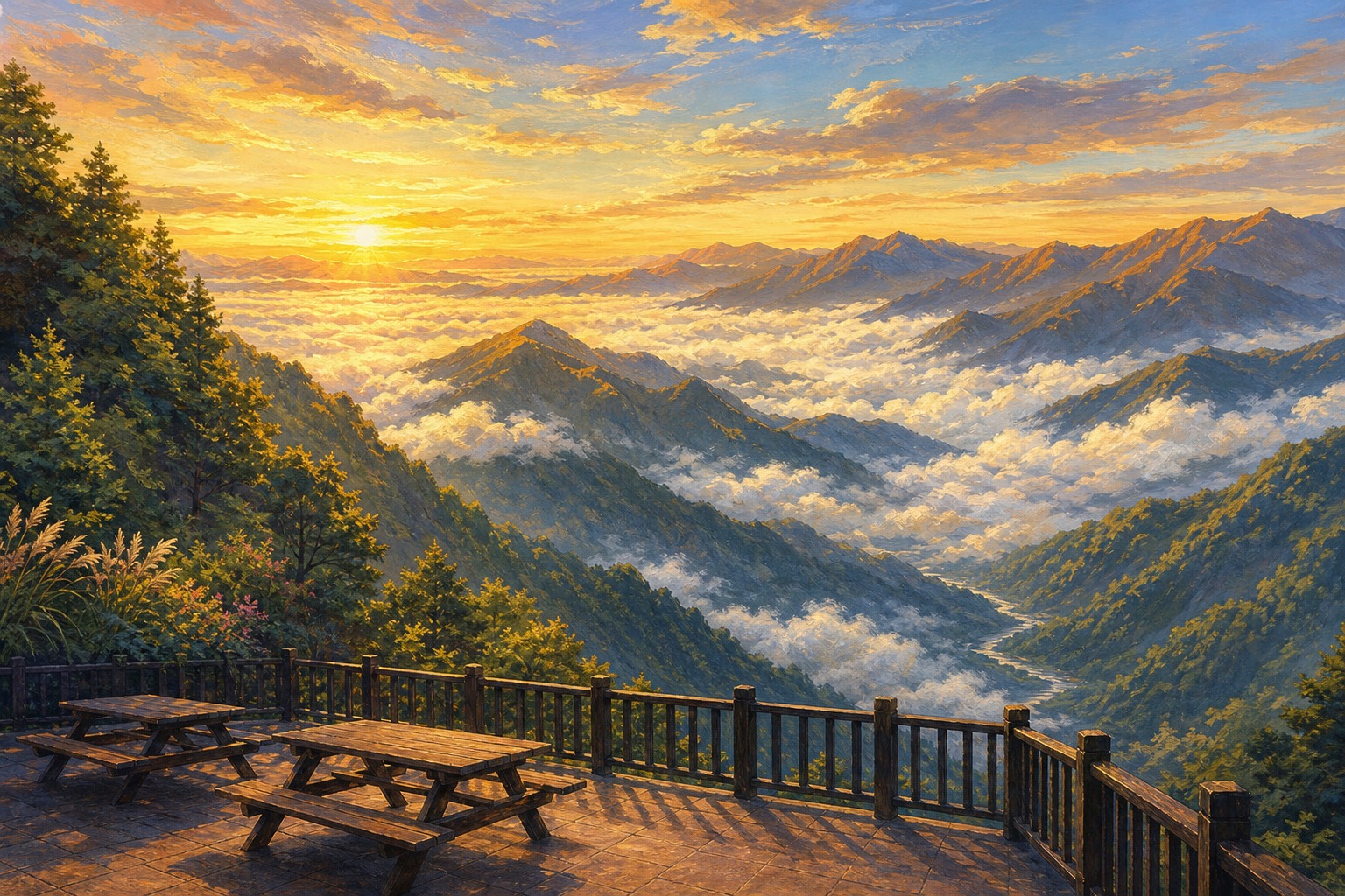 【AI生成示意圖】宇老觀景台晨光雲海：層層山巒浮出雲海，木造觀景平台面向金黃晨光