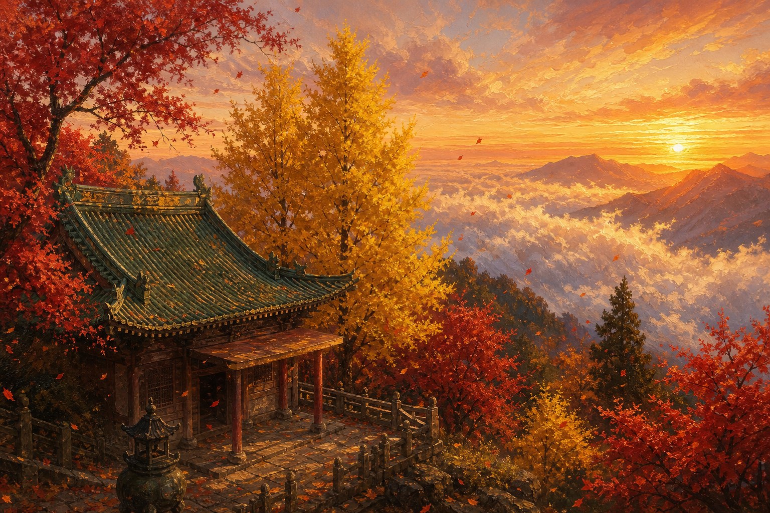 【AI生成示意圖】慈雲寺前青楓老樹紅葉與金黃銀杏，雲海晚霞在塔山前展開