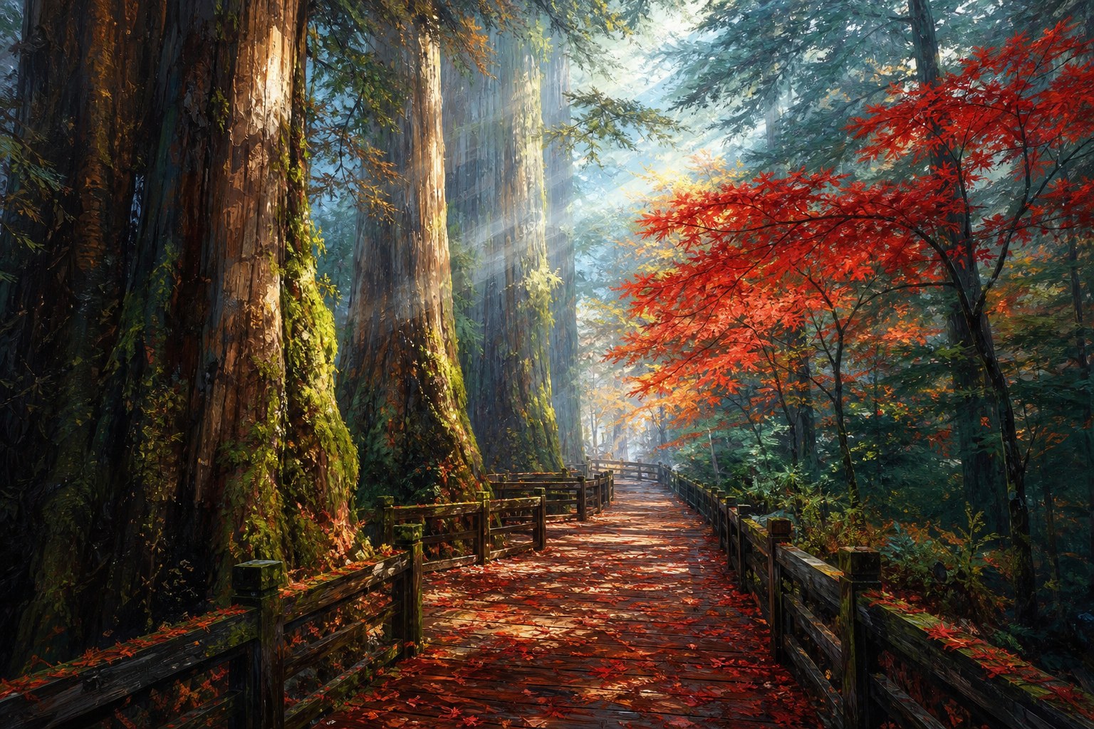 【AI生成示意圖】巨木群棧道，千年紅檜與滿地楓紅落葉的木棧道