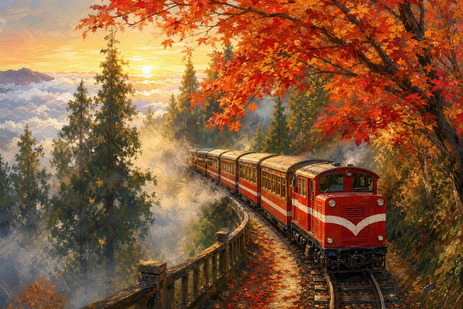 【AI生成示意圖】祝山線小火車穿行楓紅森林，紅白車廂與秋色、雲海同框