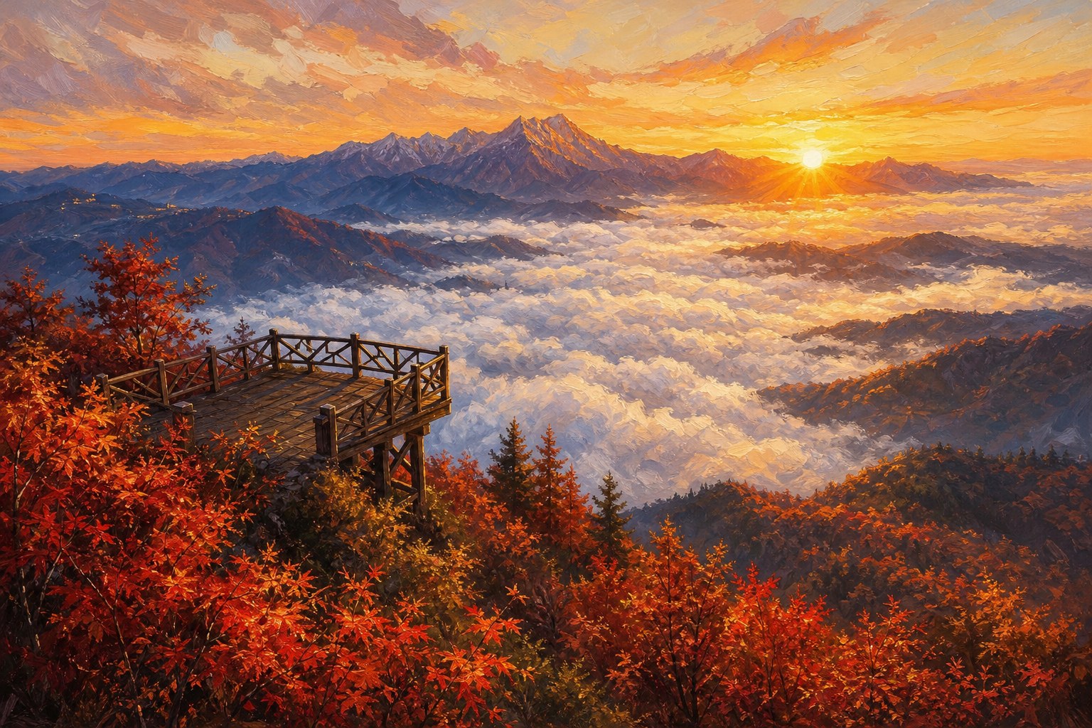 【AI生成示意圖】小笠原山觀景台，楓紅山頭、雲海與日出金光同框
