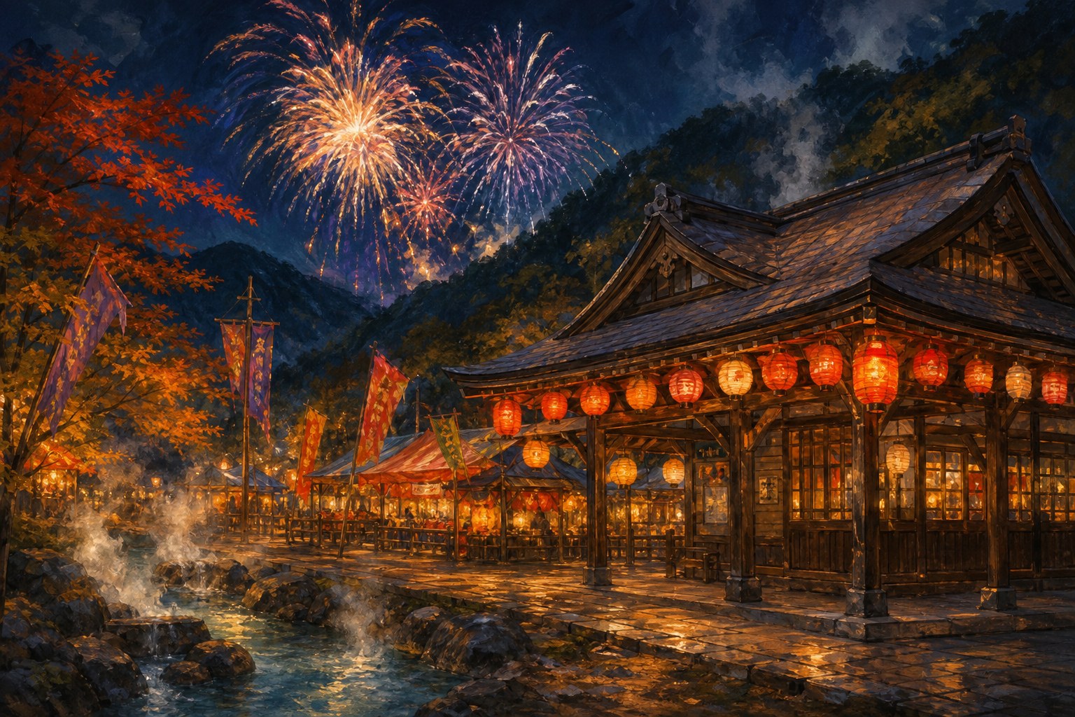 【AI生成示意圖】安通驛站浴衣嘉年華:日式木造建築掛滿紅燈籠,祭典攤位燈火與夜空煙火交織