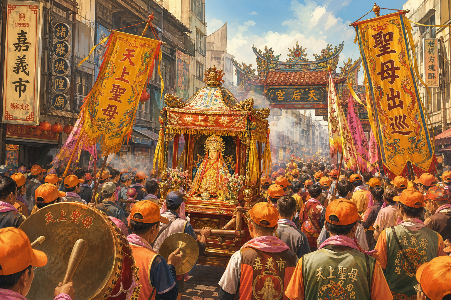 【AI生成示意圖】眾多香燈腳跟隨白沙屯媽祖贊境隊伍，場面壯觀。