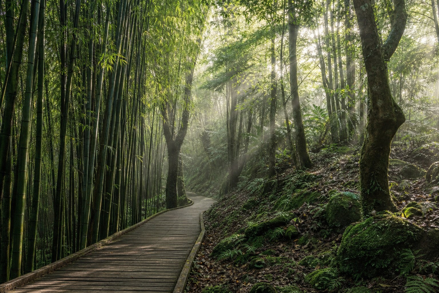 【AI生成示意圖】八仙山園區內的竹林與森林步道，陽光穿過竹葉光影迷人