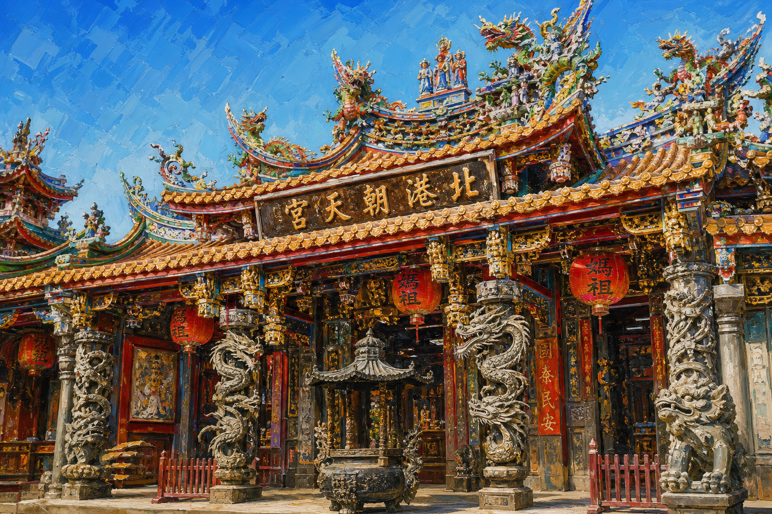 北港朝天宮，傳統中國廟宇建築，龍柱與交趾陶裝飾，紅燈籠高掛