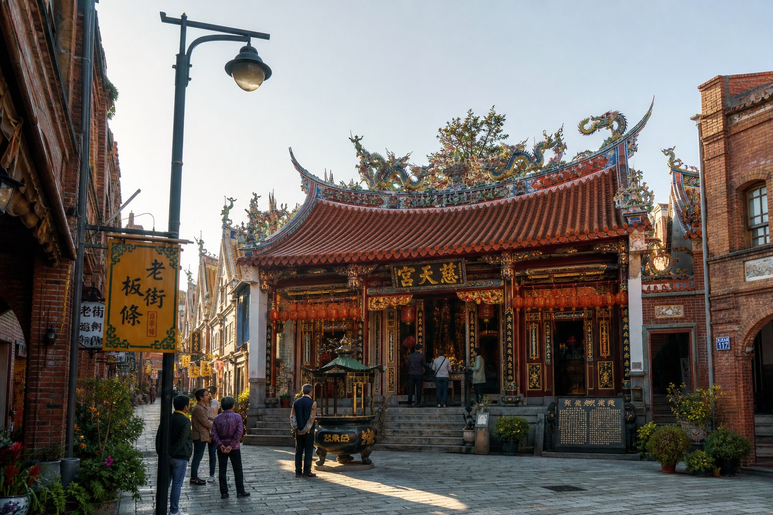 北埔老街慈天宮前的廟埕與紅磚老街屋,客家小鎮的信仰中心(AI 生成示意圖)