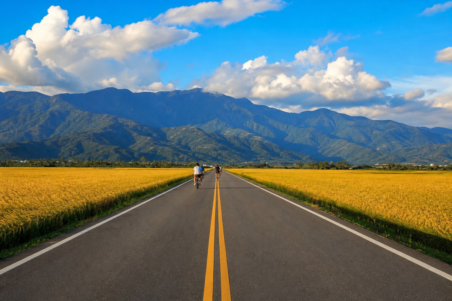 秋收時節的伯朗大道，筆直的田園公路兩旁是隨風翻湧的金黃稻浪，遠方是海岸山脈與中央山脈