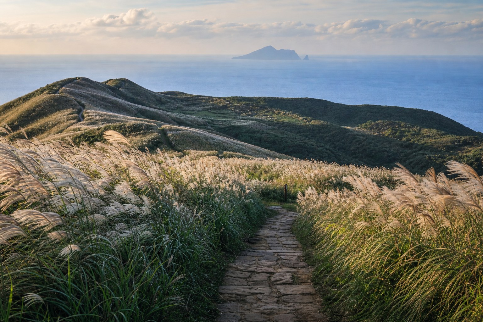 草嶺古道埡口的芒花海隨風翻湧，遠方海面上可見龜山島的剪影