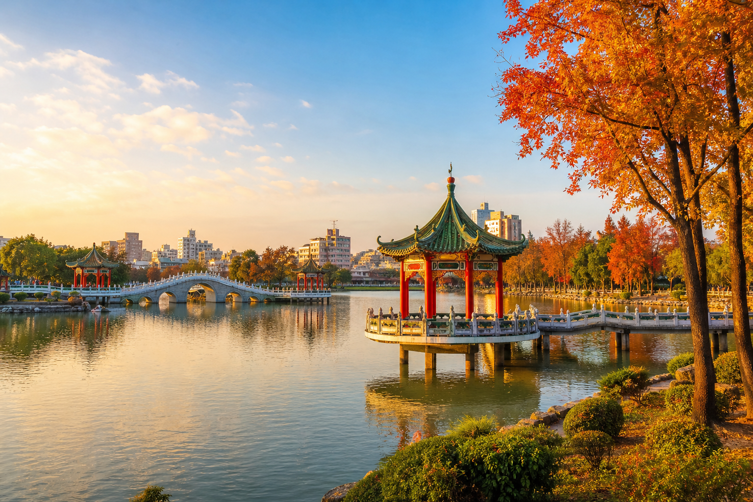 北香湖公園日間景觀,湖面與中式涼亭(情境示意圖)