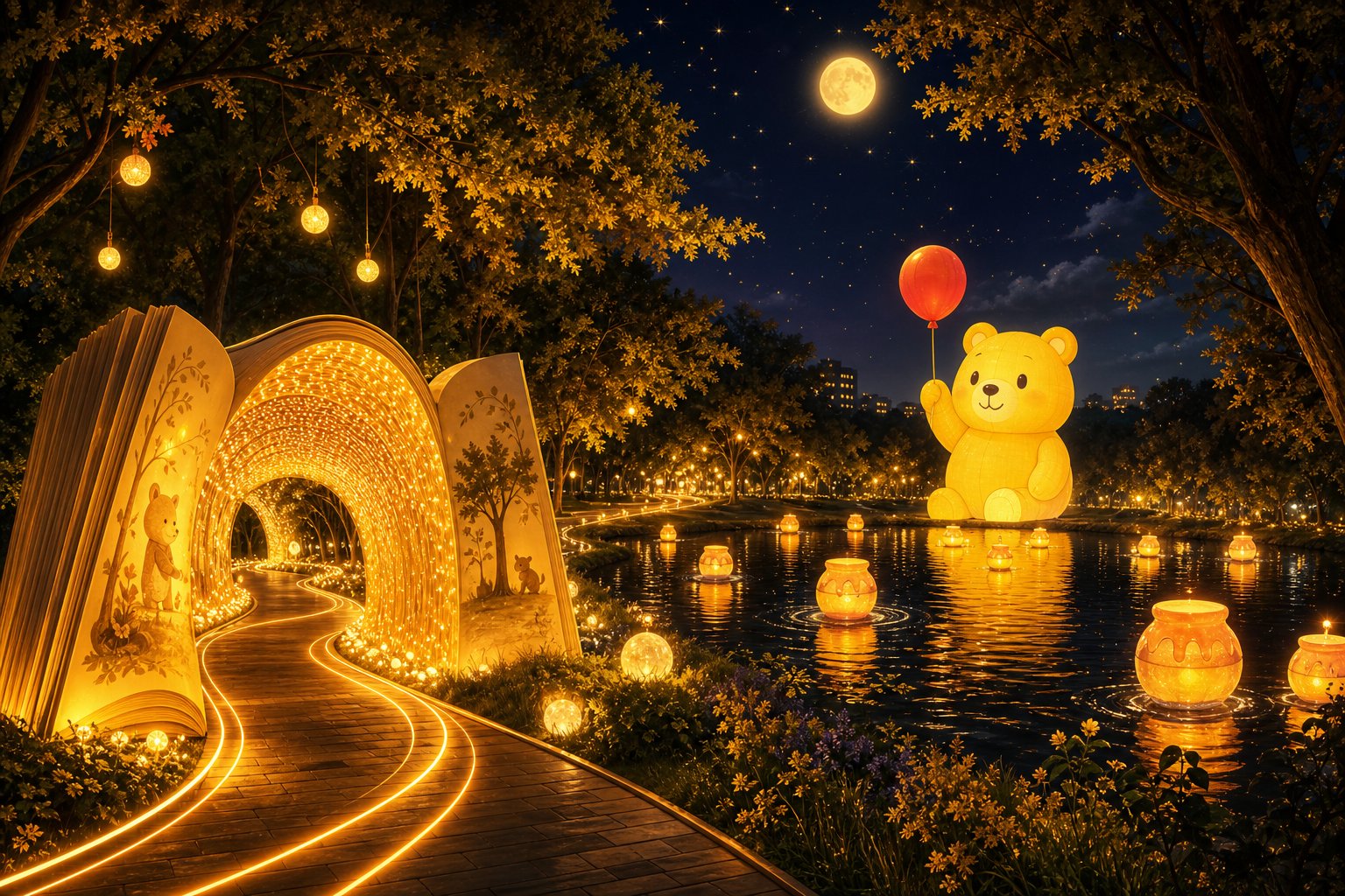 北香湖公園光影森林夜間全景，湖畔巨型維尼氣偶與光影裝置倒映水面（AI 生成示意圖）