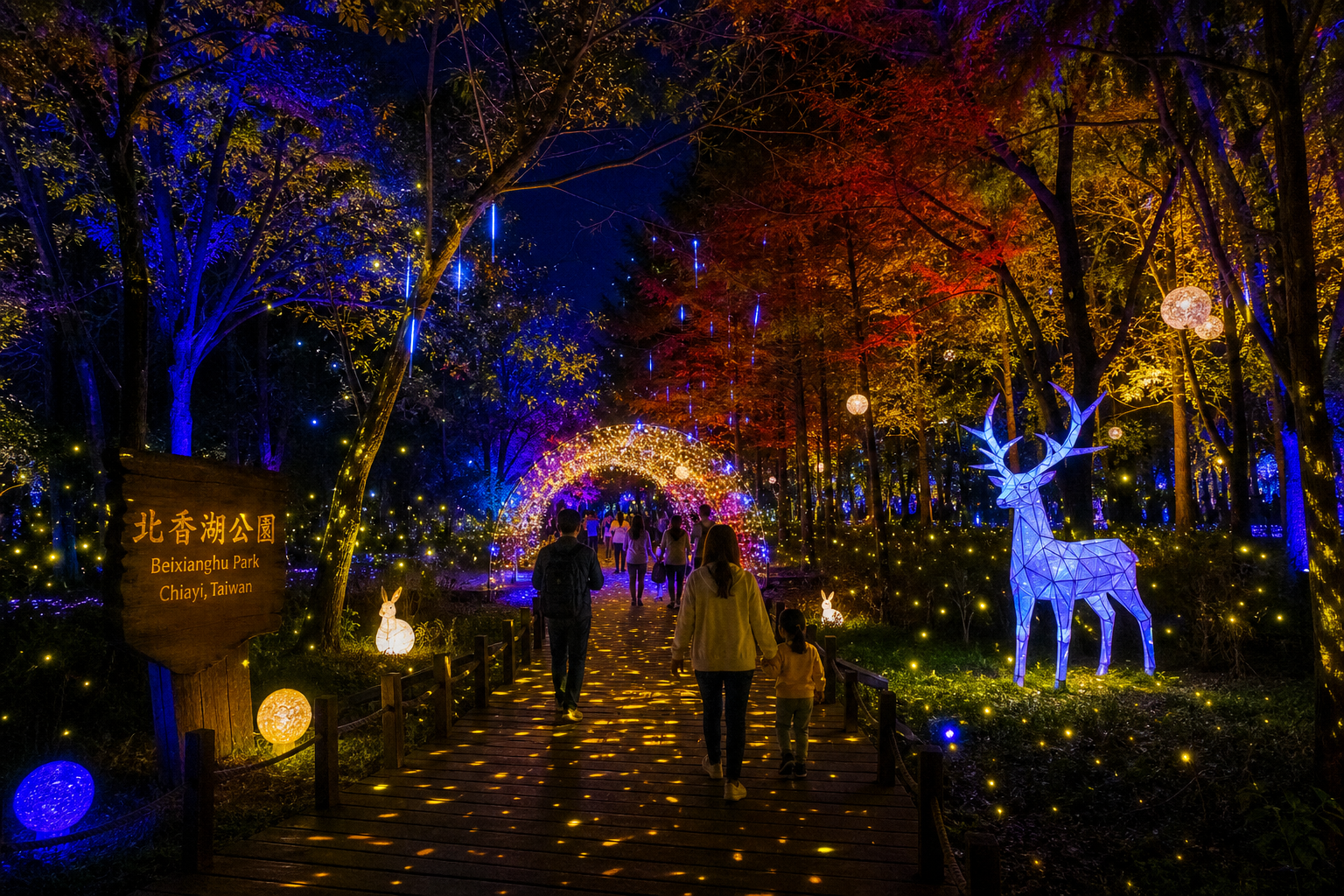 北香湖公園光影森林夜間步道,LED 燈光裝置與螢火蟲燈海(情境示意圖)