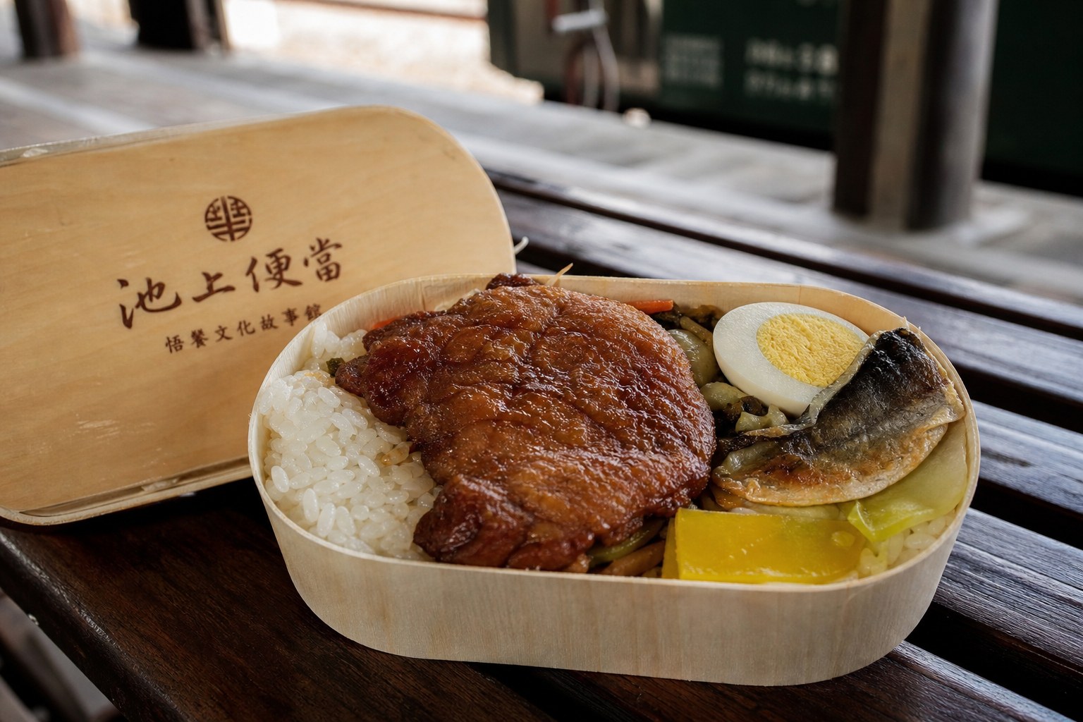 池上鐵路便當：木片飯盒盛著池上米與滷排骨，是池上旅行的經典味道