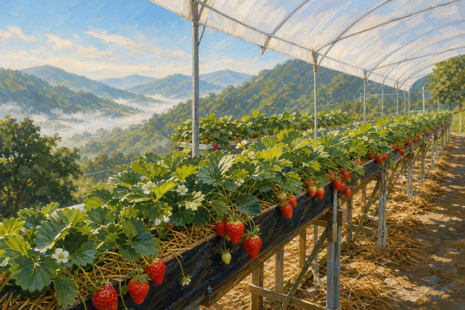 【AI生成示意圖】高架草莓園：架高的栽培槽垂掛鮮紅草莓，白色防雨棚架與群山背景