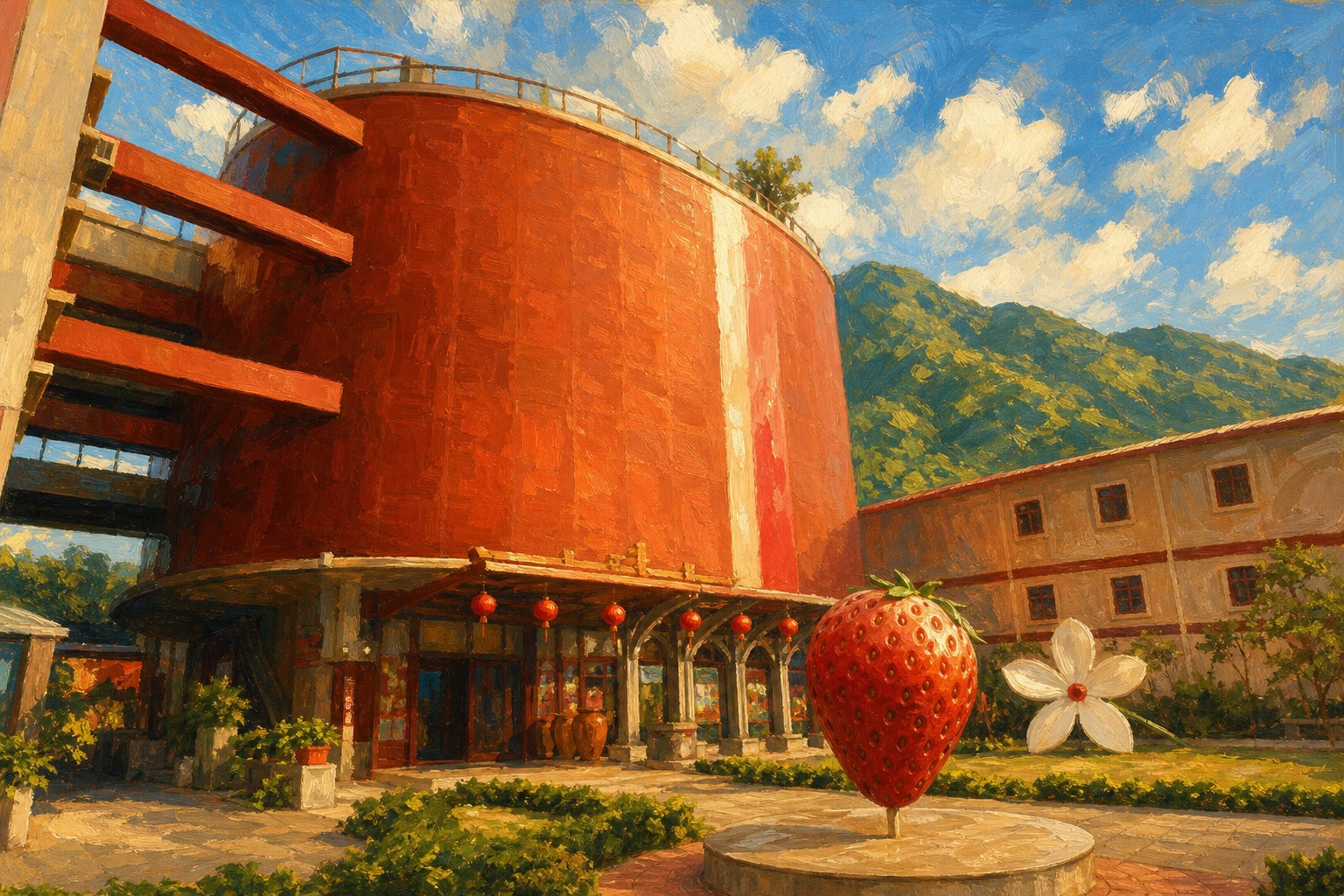 【AI生成示意圖】大湖酒莊與草莓文化館：紅磚色圓筒建築、廣場上的巨型草莓雕塑與白花雕塑，群山環繞