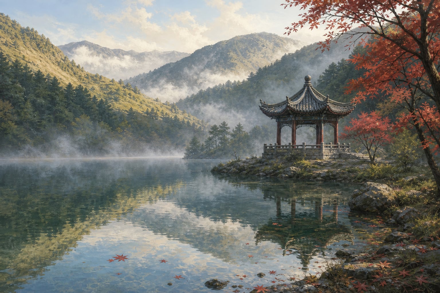 【AI生成示意圖】天池與瑞雪亭,終年不涸的高山湖泊
