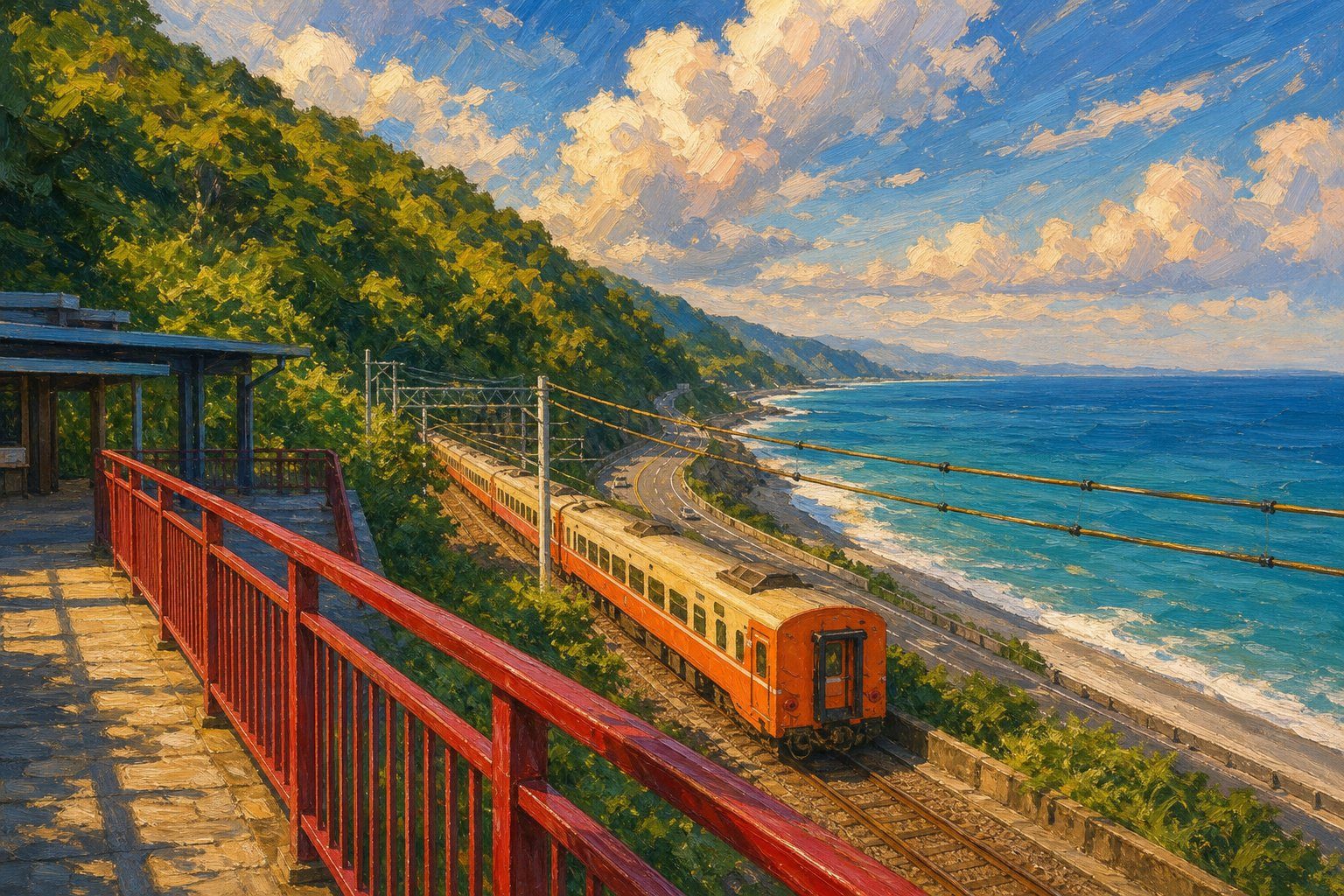 【AI生成示意圖】多良車站:山坡上的紅欄杆月台俯瞰太平洋,火車沿著海岸線駛過