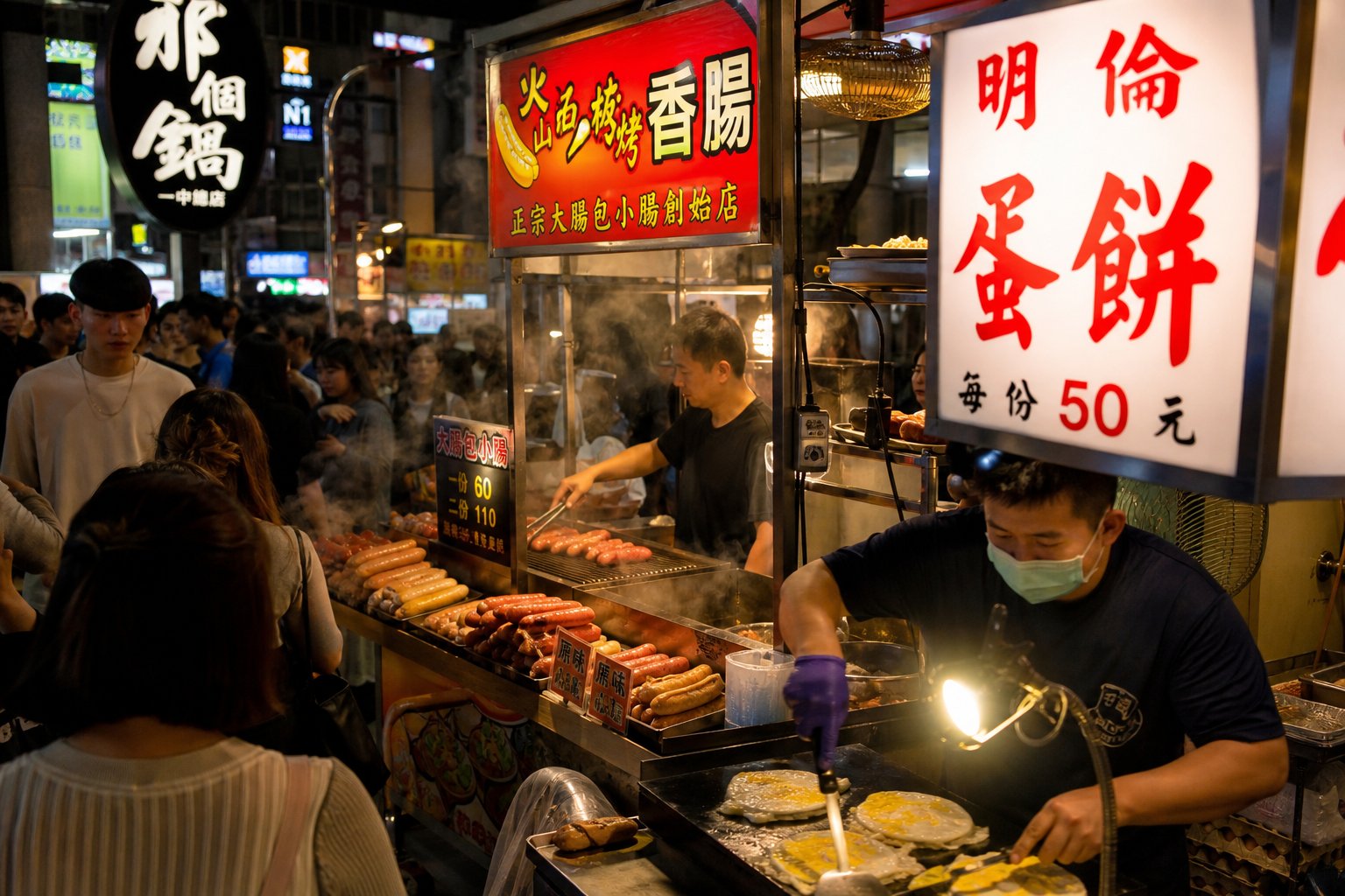 逢甲夜市小吃攤燈火通明，攤位冒著熱氣，人潮穿梭在霓虹招牌之間