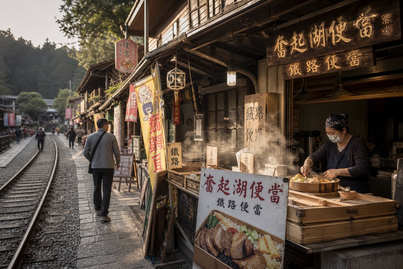 【AI生成示意圖】奮起湖老街，木造房舍與鐵路便當攤位