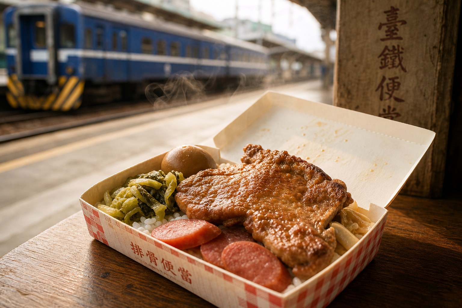 福隆車站前的懷舊便當，滷排骨、滷蛋與醃菜鋪在白飯上，是爬完古道最好的犒賞