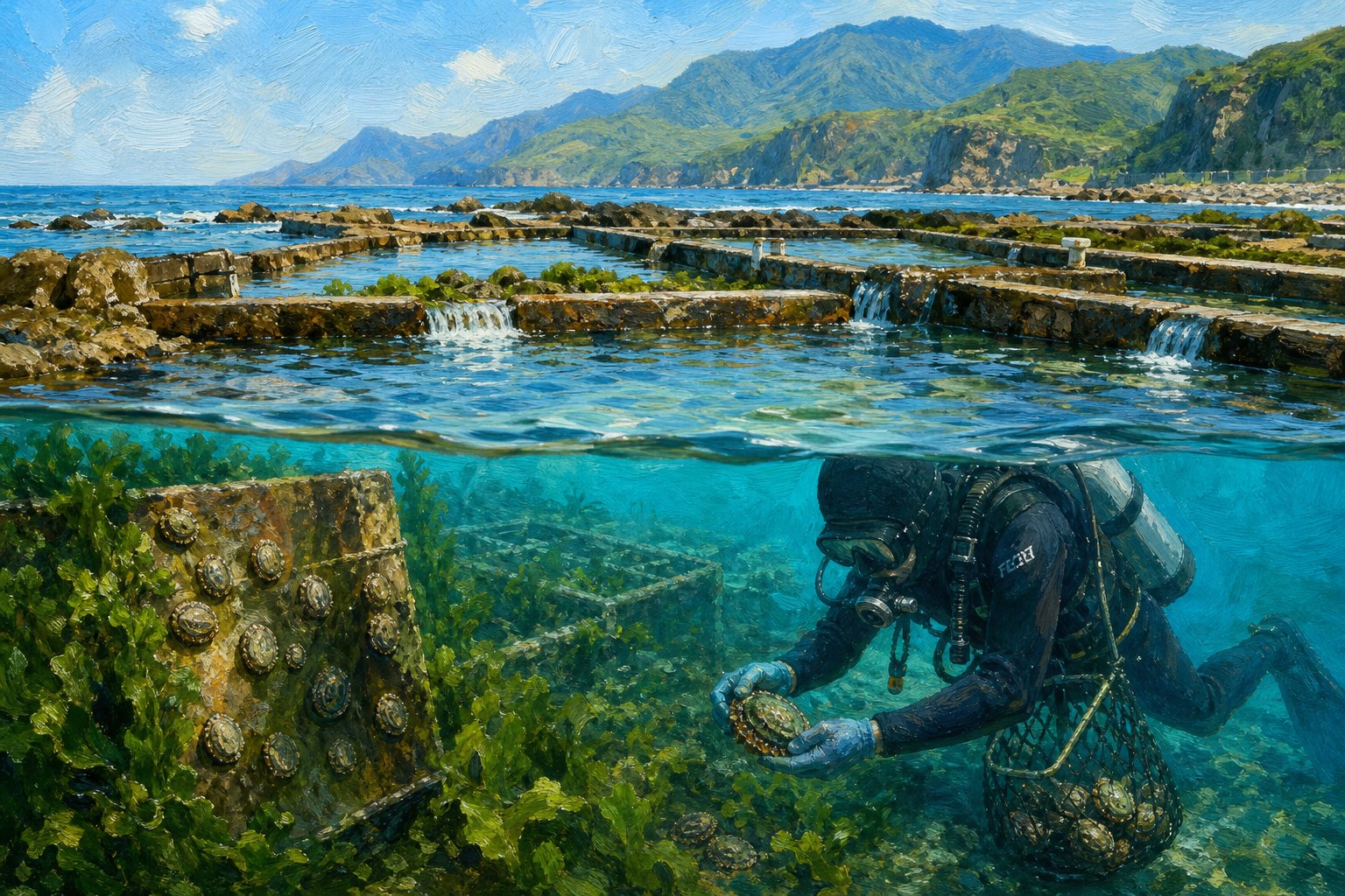 【AI生成示意圖】貢寮鮑潮間帶養殖：海岸養殖池隨潮汐進水，海菜茂生，潛水員手持壓舌板在池中人工採收九孔鮑