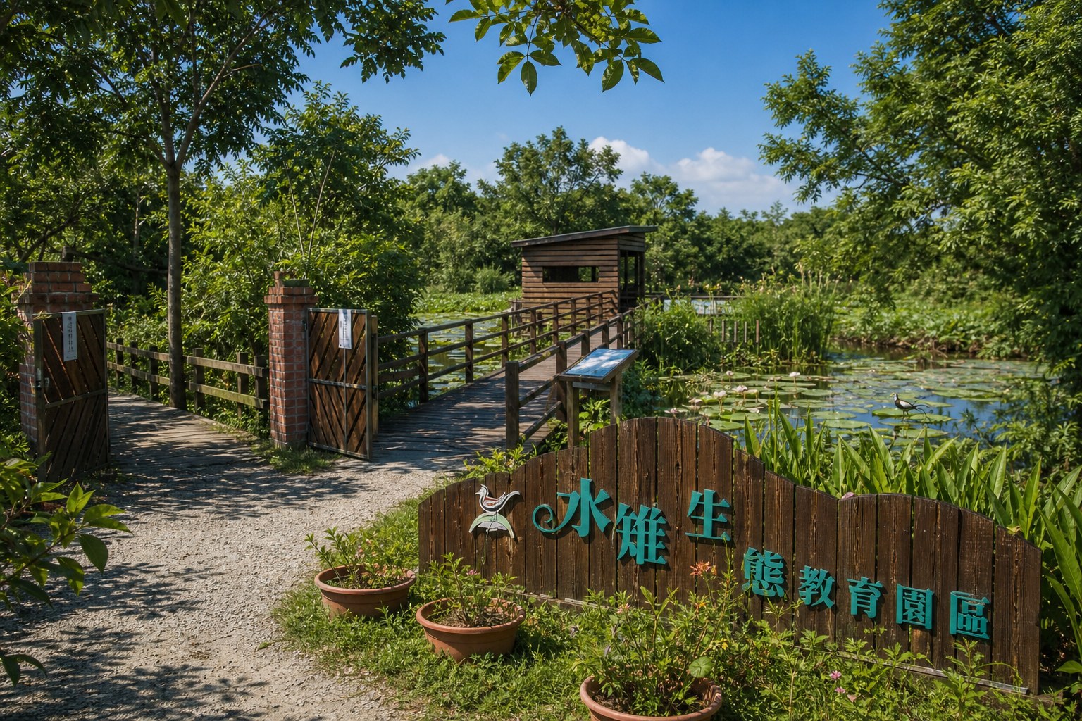 【AI生成示意圖】水雉生態教育園區入口木牌與碎石步道,後方生態池可見菱角浮葉(以真實照片為構圖參考生成)。