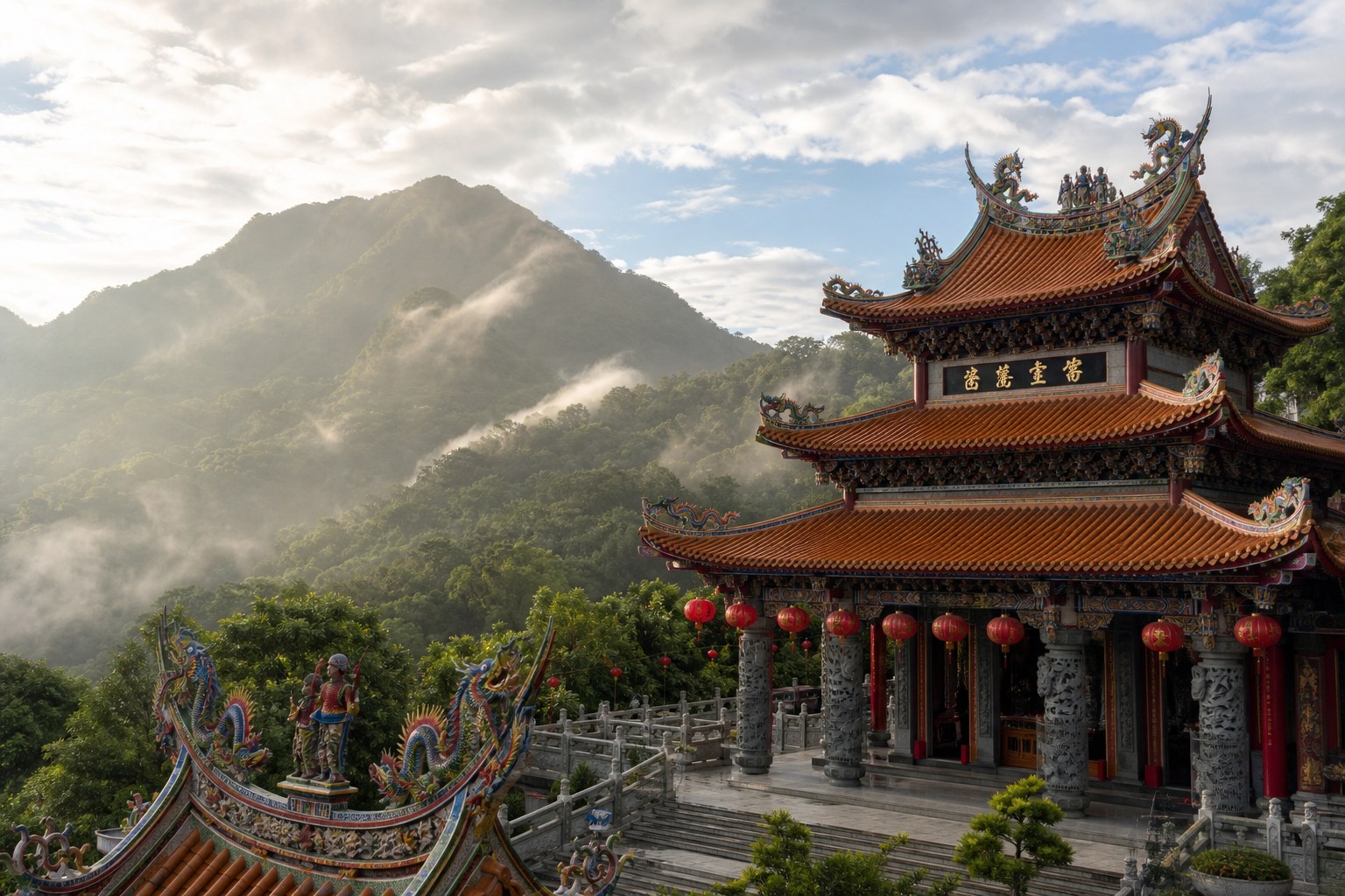 火山碧雲寺座落在枕頭山上，廟宇屋簷層疊、視野開闊（AI 生成示意圖）