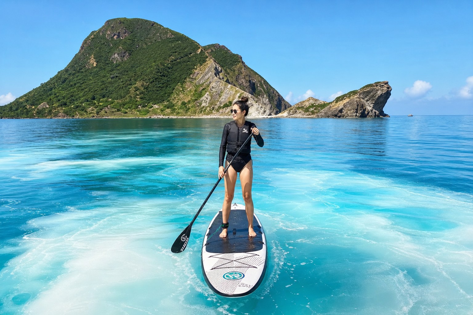 牛奶海 SUP:海底溫泉染出的蒂芬妮藍漸層海面,龜山島火山地貌為背景(AI 生成示意圖)