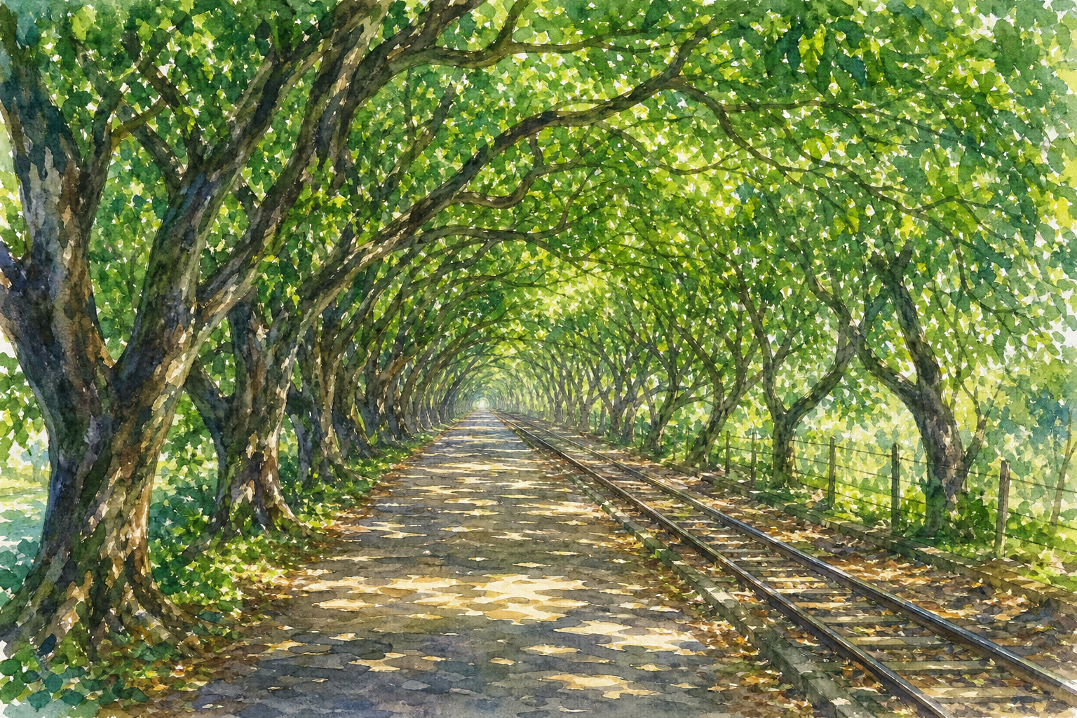 古坑綠色隧道，兩旁芒果樹形成天然綠色隧道，鐵軌步道伴隨，陽光灑落