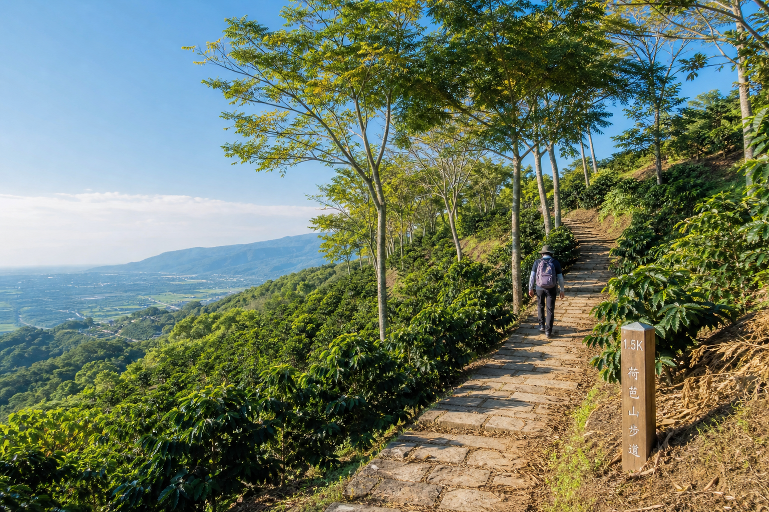 【AI生成示意圖】荷苞山步道:阿拉比卡咖啡樹與油桐樹交錯的山坡,石階步道通往「咖啡山」山頂