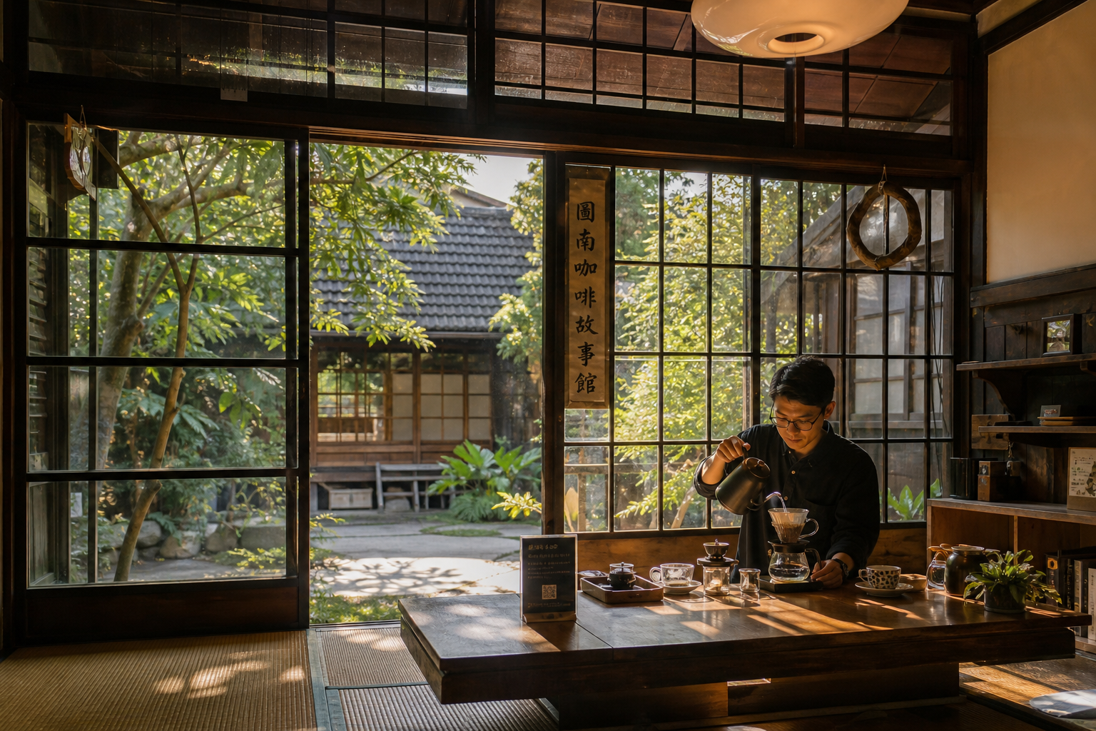 【AI生成示意圖】斗六圖南咖啡故事館:昭和風日式老宿舍改建的咖啡館,綠蔭庭院與榻榻米空間