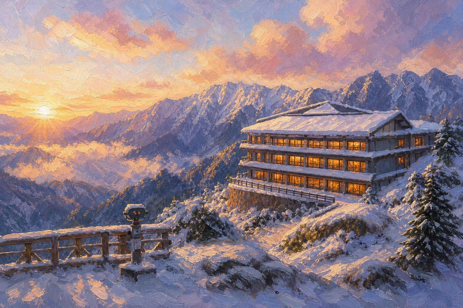 【AI生成示意圖】松雪樓雪景:海拔 3,150 公尺的全台最高旅館,冬日積雪覆蓋屋頂與山坡,遠方奇萊連峰雪稜
