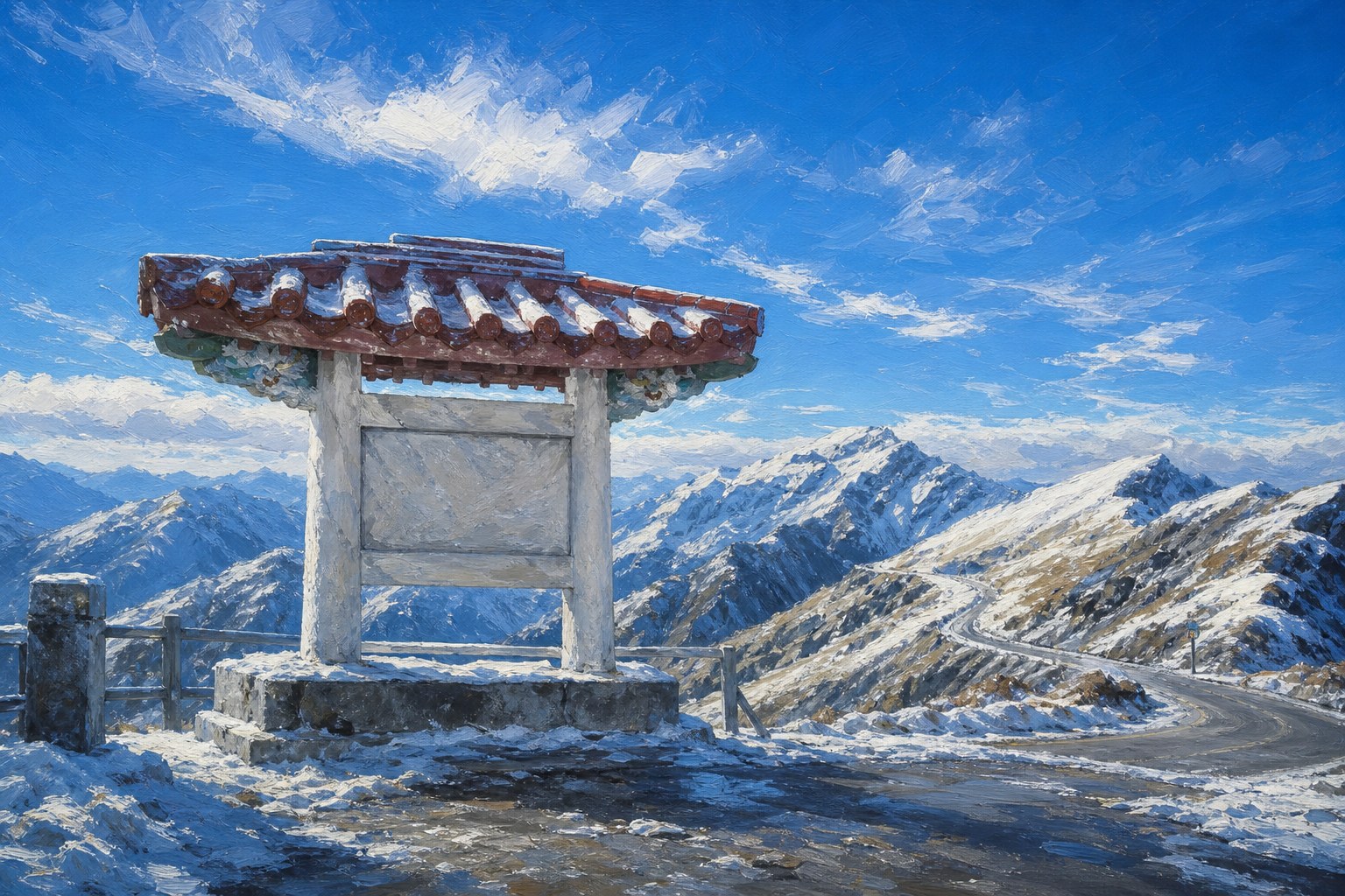 【AI生成示意圖】武嶺牌樓:台灣公路最高點 3,275 公尺,冬季積雪的合歡山公路與拱門地標,遠眺中央山脈雪稜