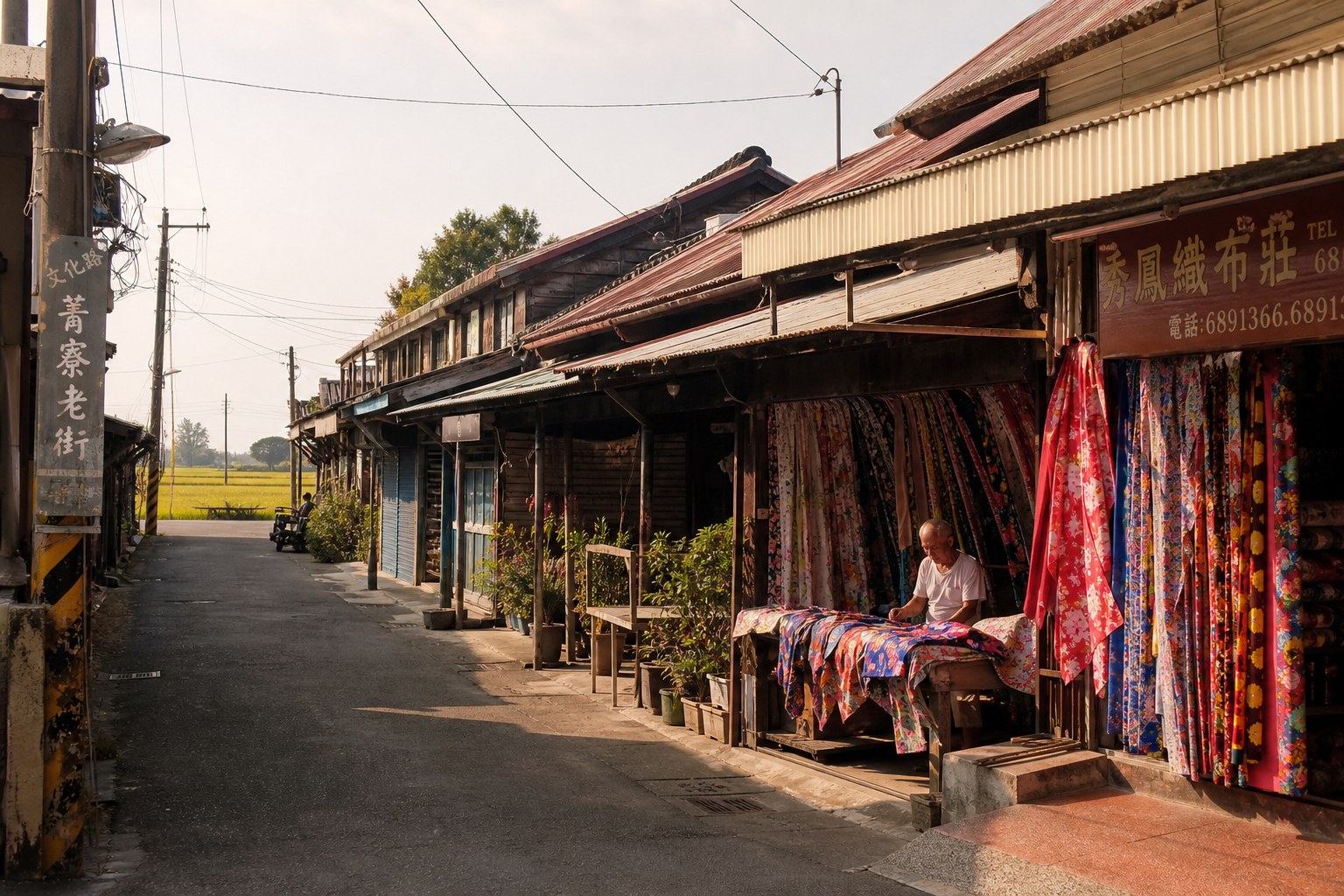 後壁菁寮老街：木造老屋與花布店鋪，無米樂社區的懷舊風景（AI 生成示意圖）