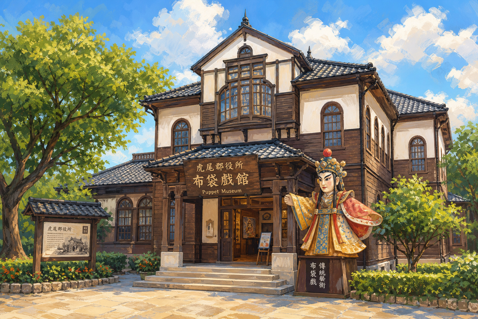 虎尾布袋戲館外觀，日治時期郡役所建築，二層半木造廳舍，黑瓦白牆