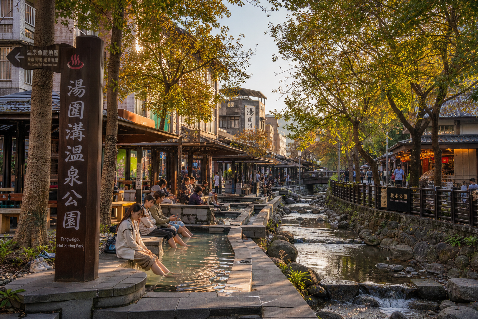 湯圍溝溫泉公園街景,兩旁商店林立,行人坐在露天泡腳池享受溫泉