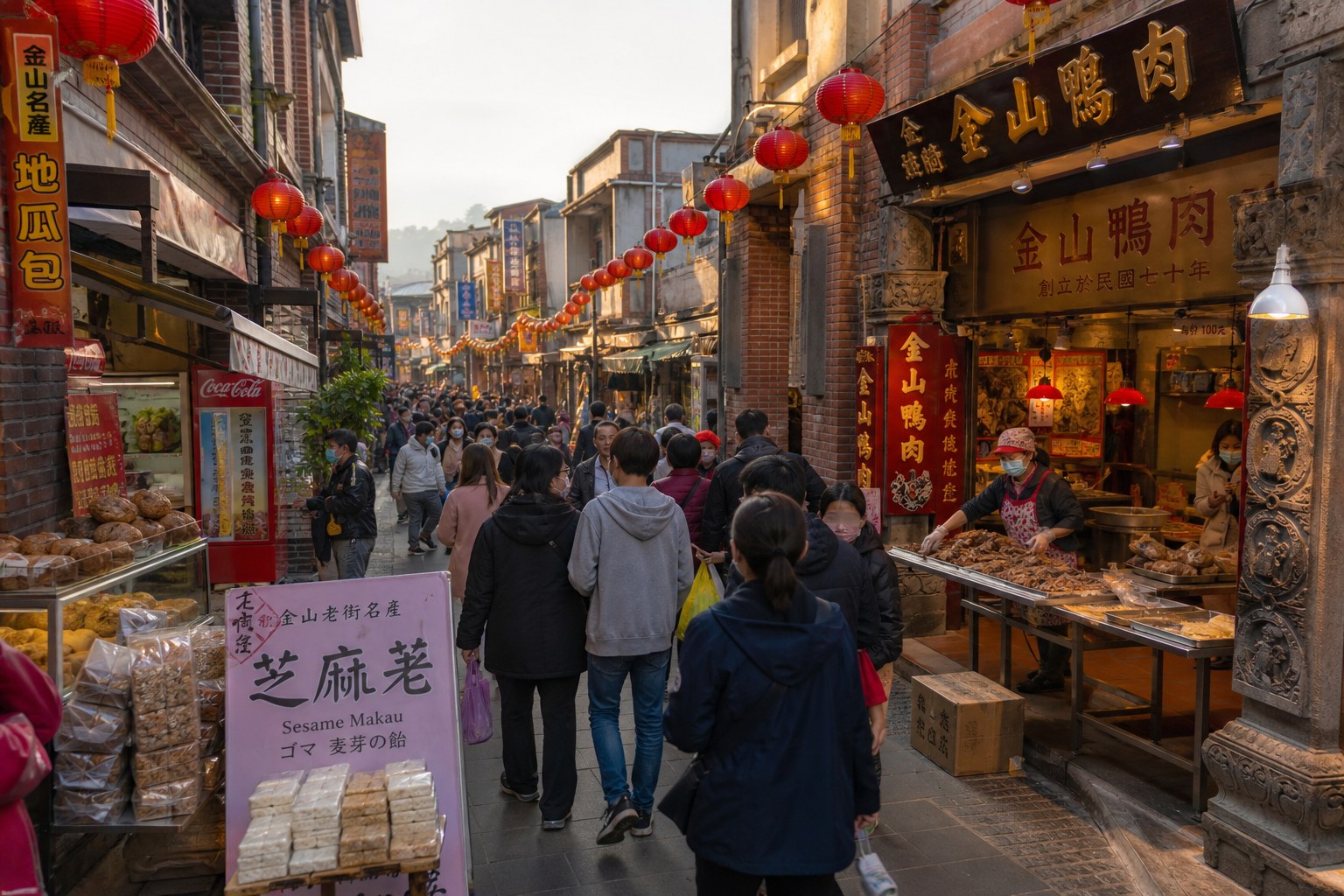 金山老街(金包里老街)是北海岸最熱鬧的老街,廟口鴨肉店是必訪傳奇(AI 生成示意圖)