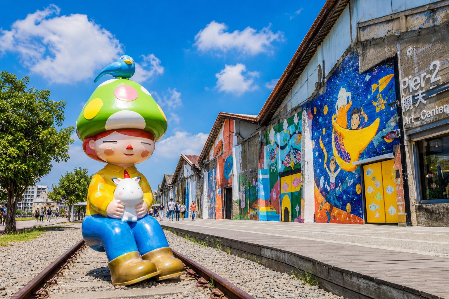 Colorful transformed warehouses of Pier-2 Art Center in Kaohsiung, vibrant murals and a giant public sculpture beside old railway tracks, blue sky