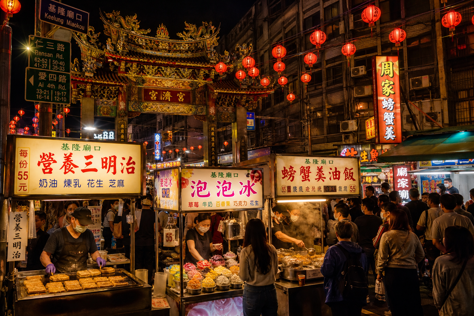 廟口夜市是基隆美食的心臟，營養三明治、泡泡冰、螃蟹羹油飯是不可錯過的經典三寶