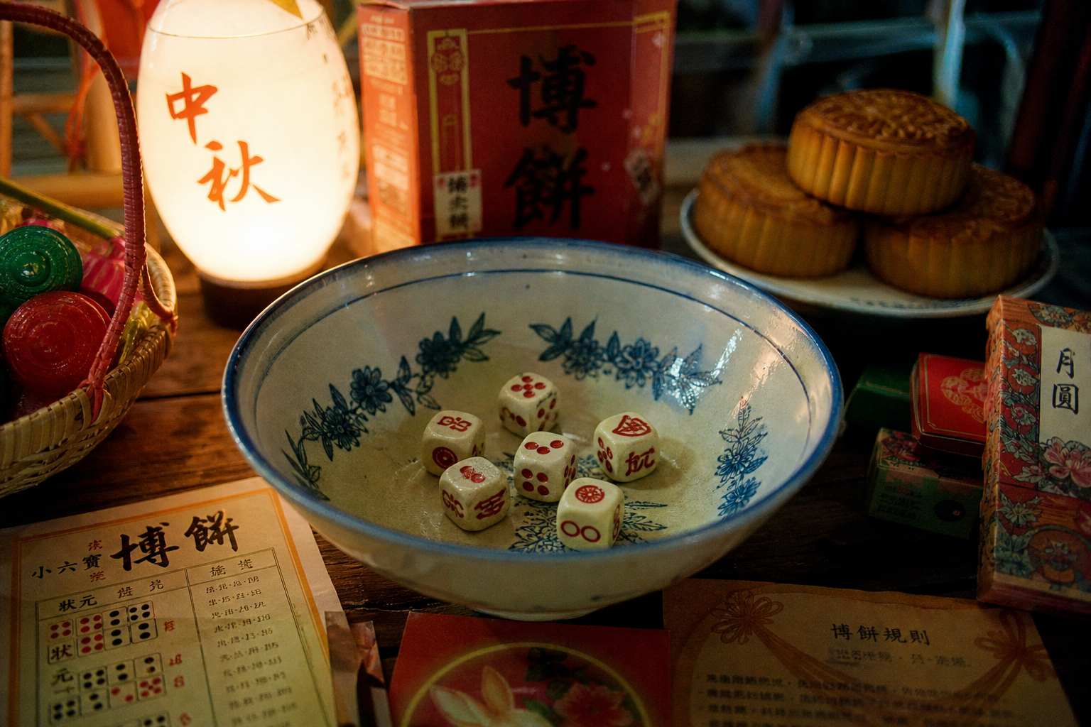 博餅場景:大碗公中的骰子與周圍的彩品,傳統中秋氛圍(AI 生成示意圖)