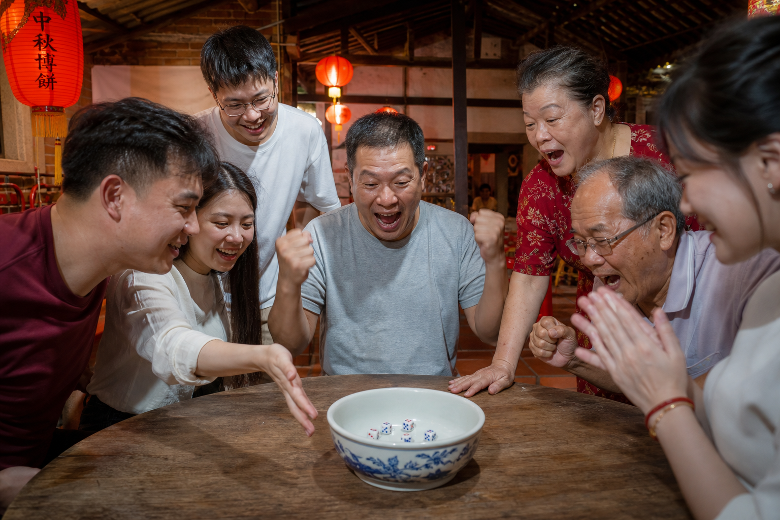 眾人圍桌博餅的歡樂場景(AI 生成示意圖)