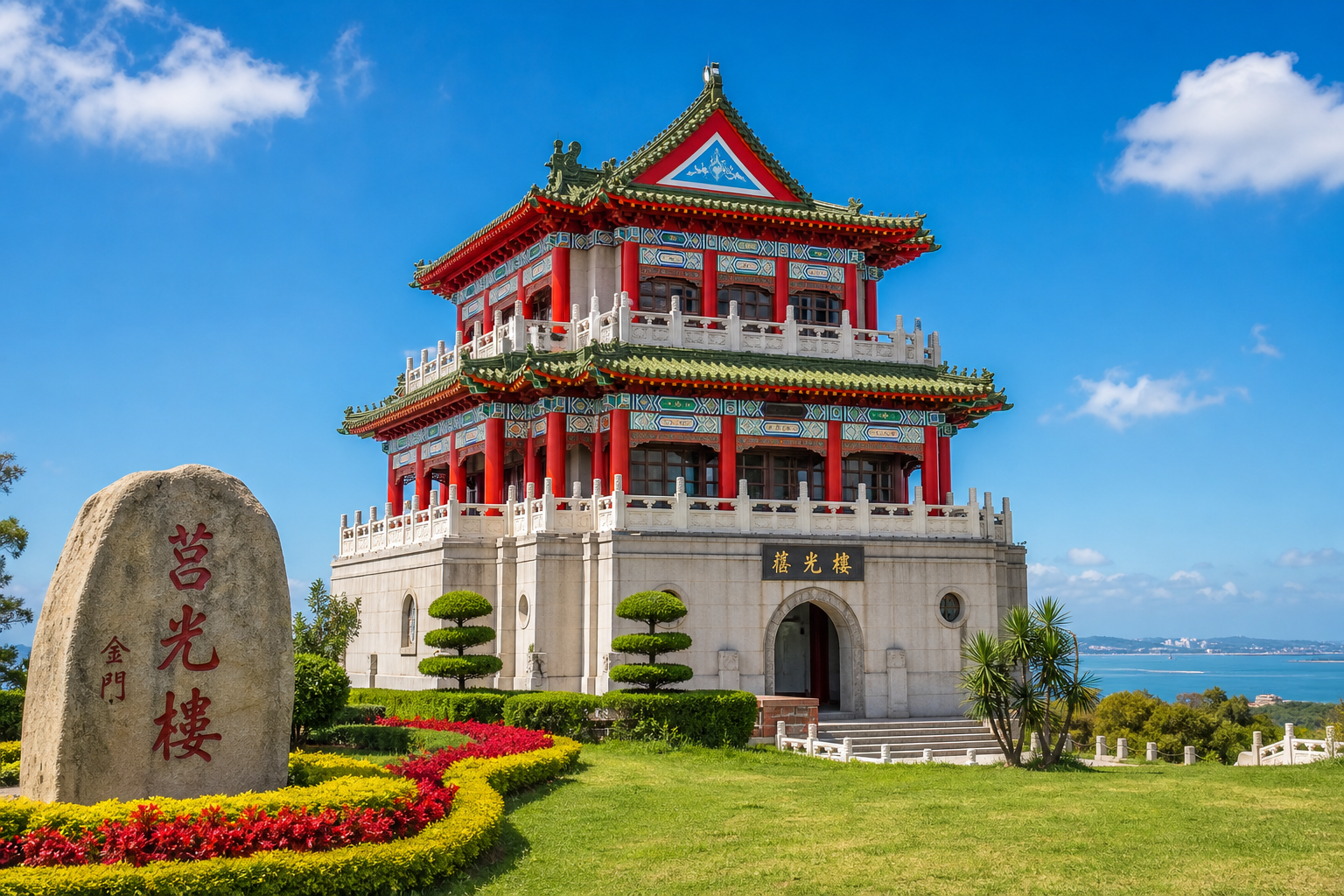 金門地標莒光樓與前方綠地