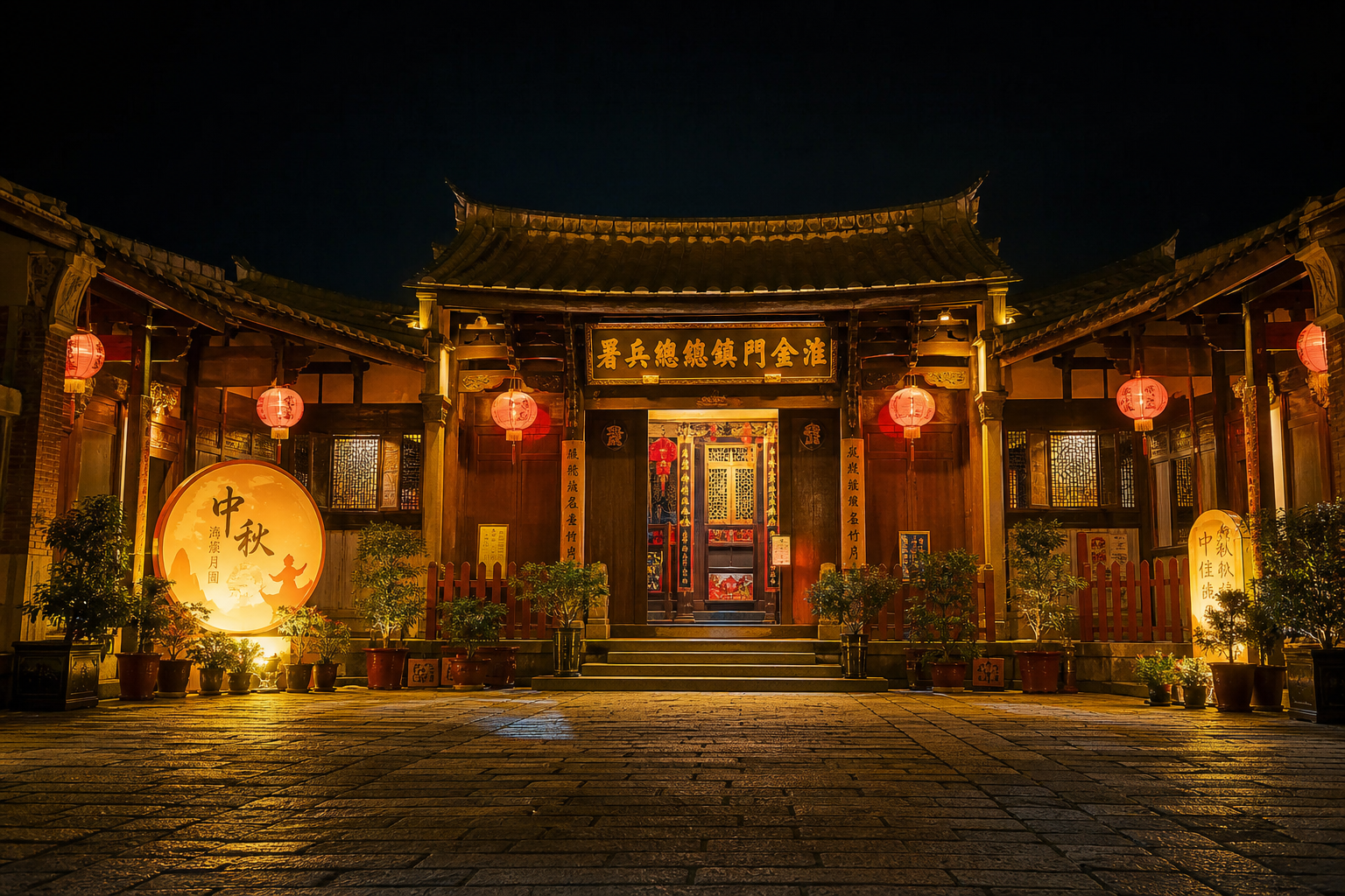 清金門鎮總兵署夜間燈籠裝飾,活動主場地(AI 生成示意圖)