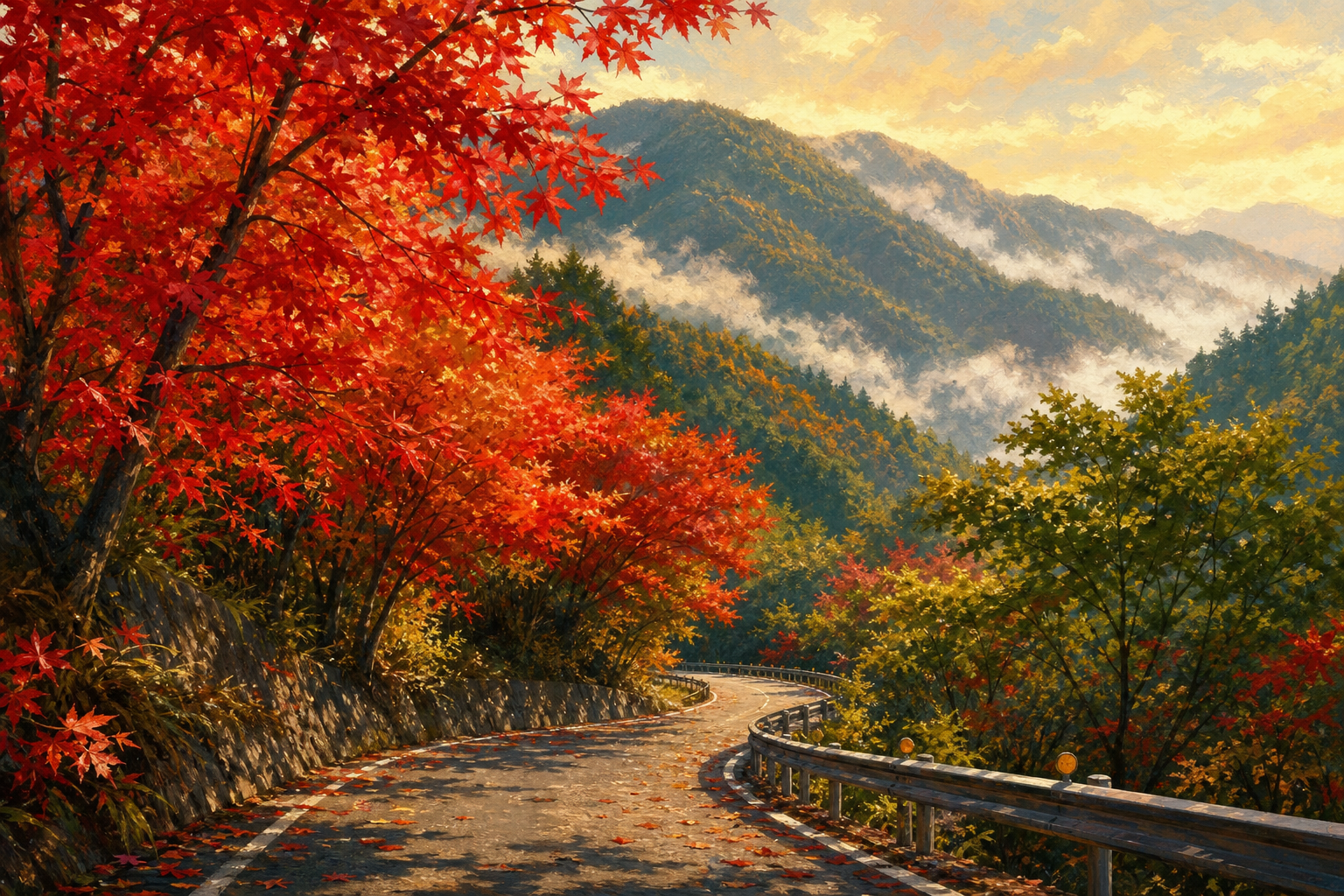 【AI生成示意圖】北橫山路旁楓紅轉色，蜿蜒公路與滿山秋彩、谷間雲霧