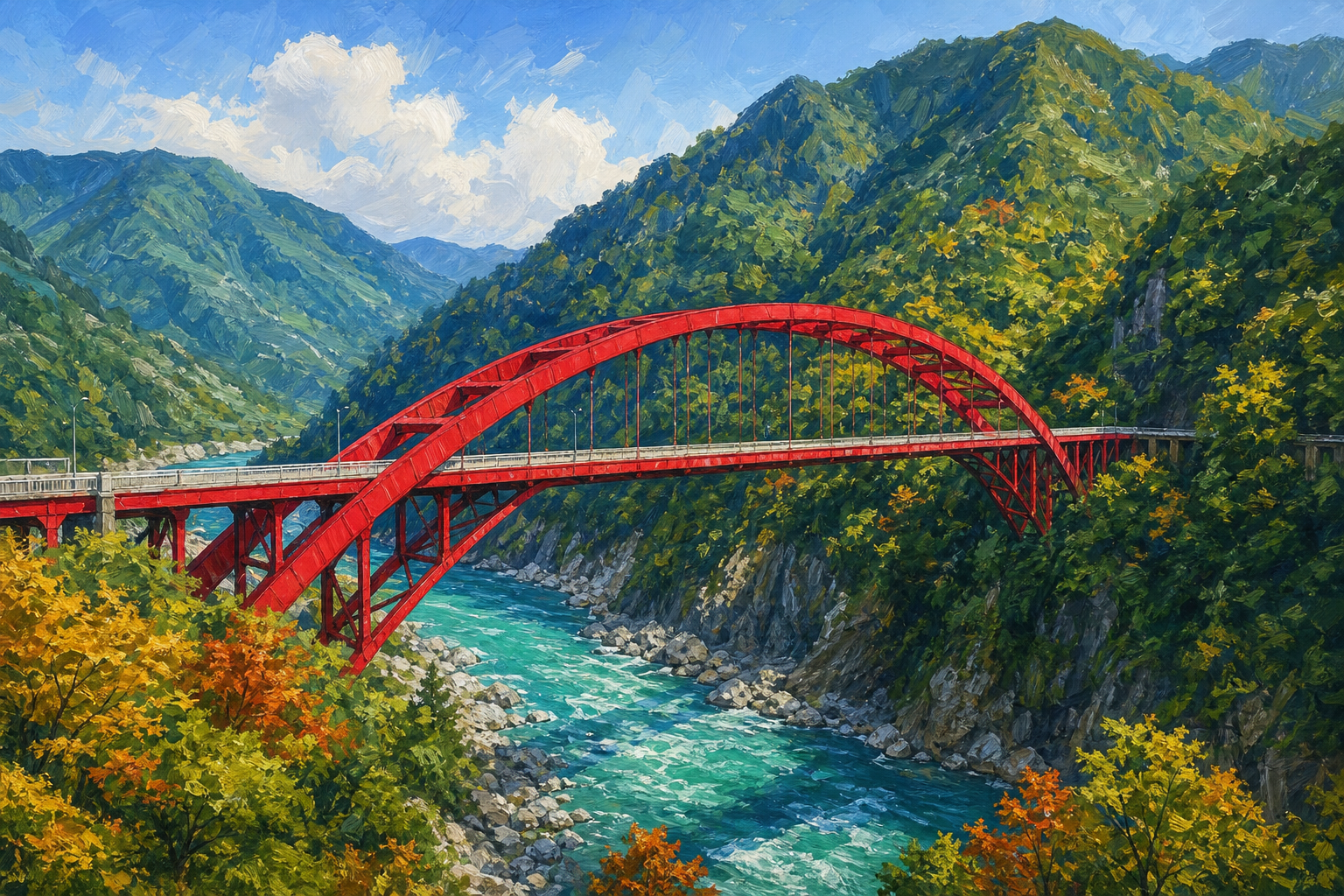【AI生成示意圖】台 7 線北橫巴陵橋：紅色鋼拱橋跨越碧綠溪谷的經典地標