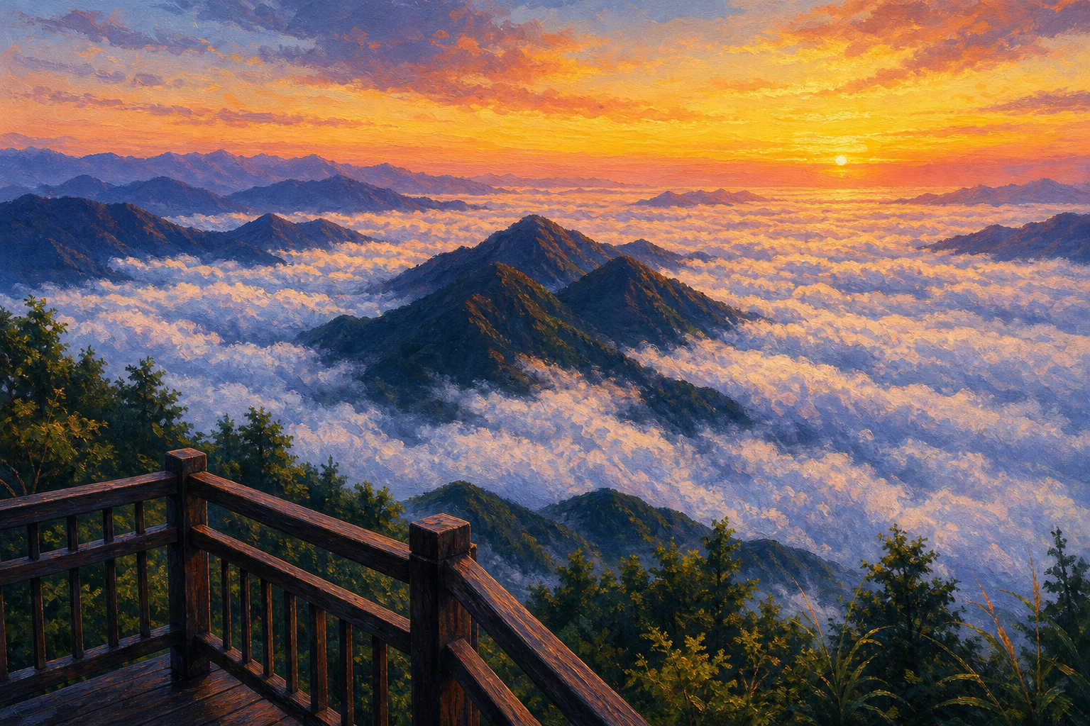【AI生成示意圖】上巴陵晨間日出雲海，觀景台前雲海如浪、群峰如島